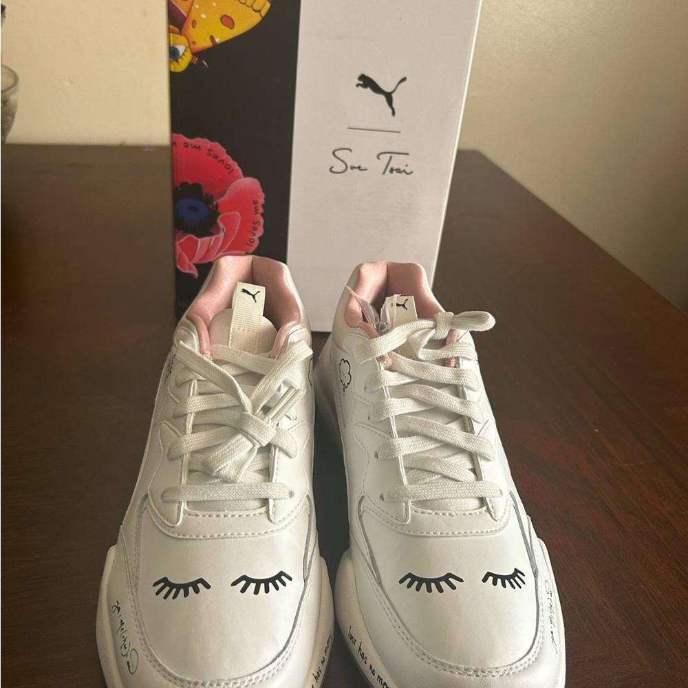 Puma White and Pink Sneakers with Eyelash Detail